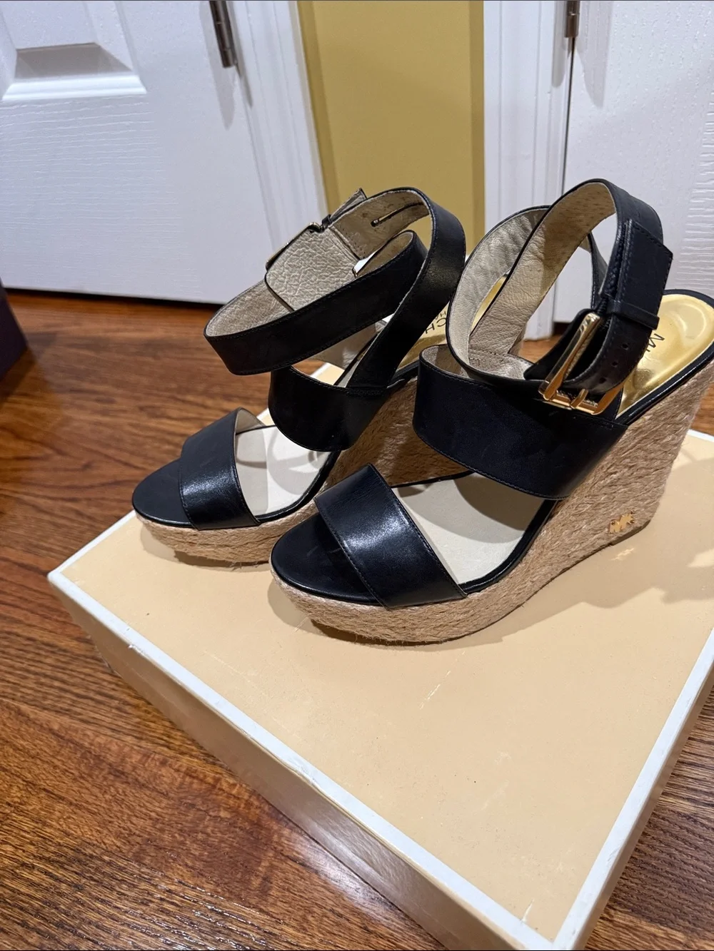 Michael Kors Black Leather Espadrille Wedge Sandals